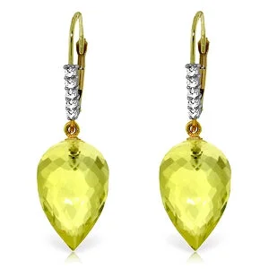 18.15 Carat 14K Solid Yellow Gold Drop Briolette Lemon Quartz Diamond Earrings