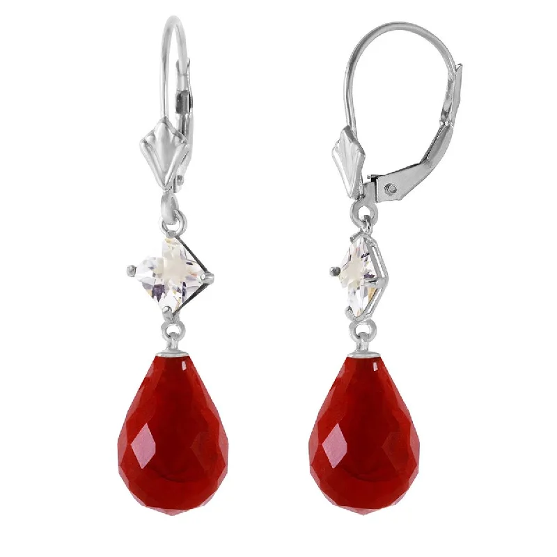 18.6 Carat 14K Solid White Gold Leverback Earrings White Topaz Ruby