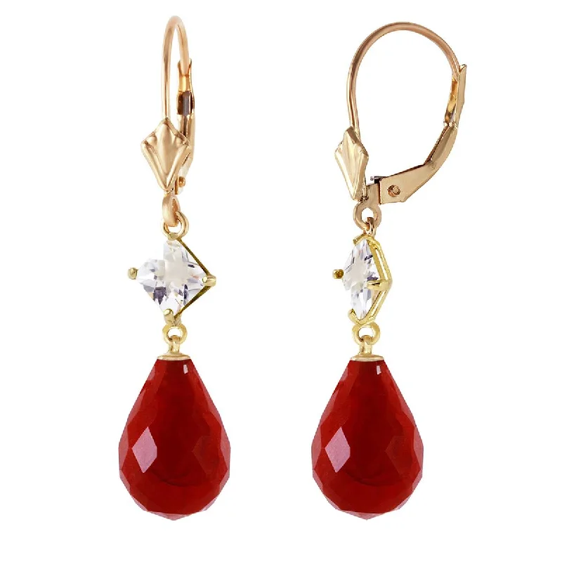 18.6 Carat 14K Solid Yellow Gold Leverback Earrings White Topaz Ruby