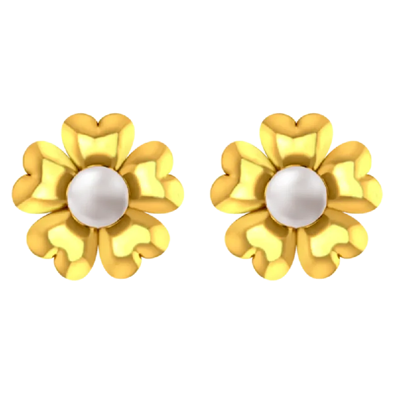 18k Gold Earrings With A Five-petal Floral Design And A Pearl Centre