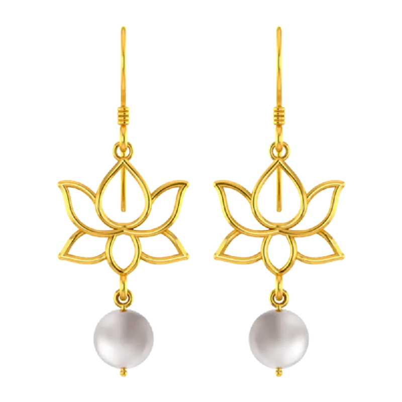 18k Gold Earrings With A Lotus Design And A Pearl