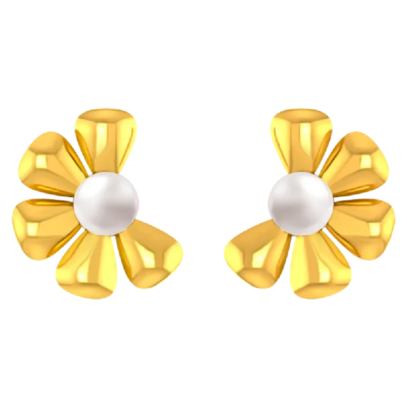 18k Gold Earrings With A Plucked Out Floral Design And A Pearl Centre