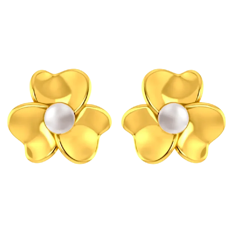 18k Gold Earrings With A Three-petal Floral Design And A Pearl Centre