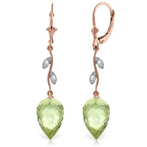 19.02 Carat 14K Solid Rose Gold Diamond Drop Green Amethyst Earrings