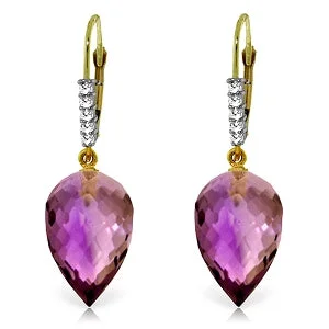 19.15 Carat 14K Solid Yellow Gold Drop Briolette Amethyst Diamond Earrings