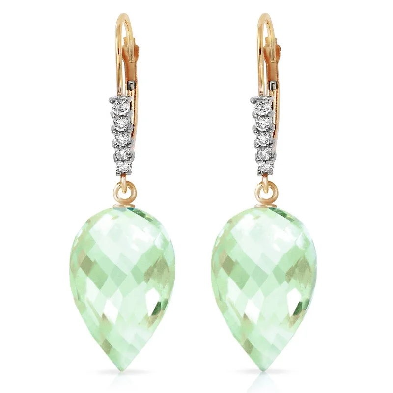 19.15 Carat 14K Solid Yellow Gold Drop Briolette Green Amethyst Diamond Earrings