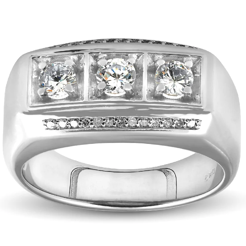 1ct Diamond Mens Three Stone Wedding Anniversary Ring 10k White Gold