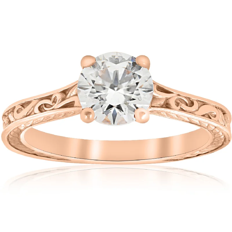 1ct Diamond Solitaire 14k Rose Gold Vintage Engagement Ring Art Deco Filigree