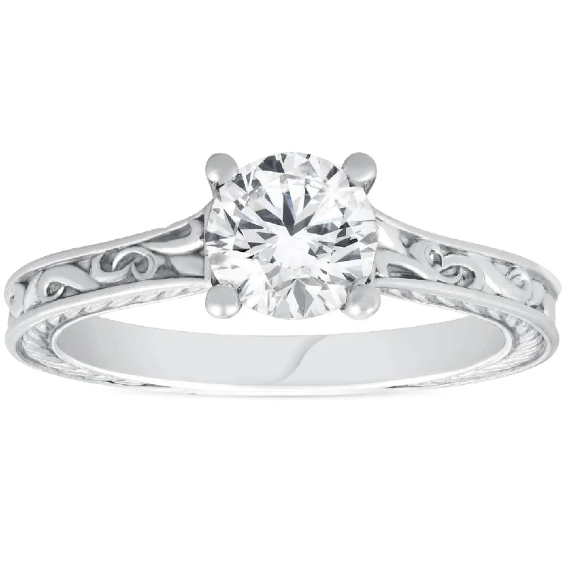 1ct Solitaire Round Cut Vintage Diamond Engagement Ring 14k White Gold