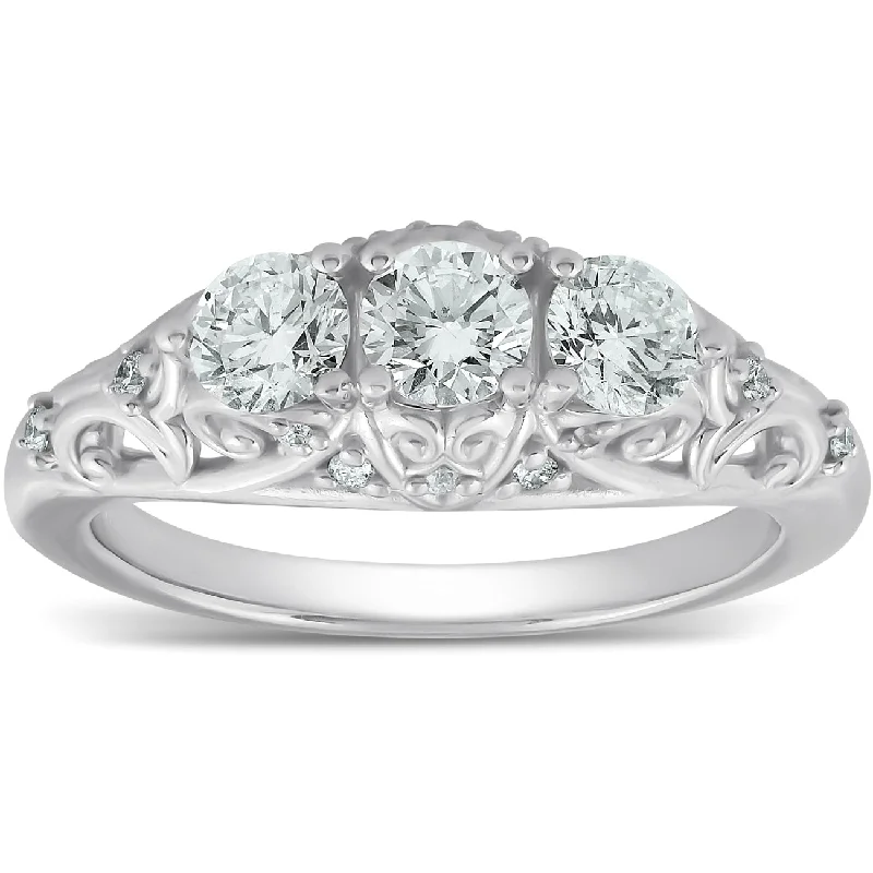 1ct Three Stone Vintage Engagement Unique Ring With Accents 14k White Gold