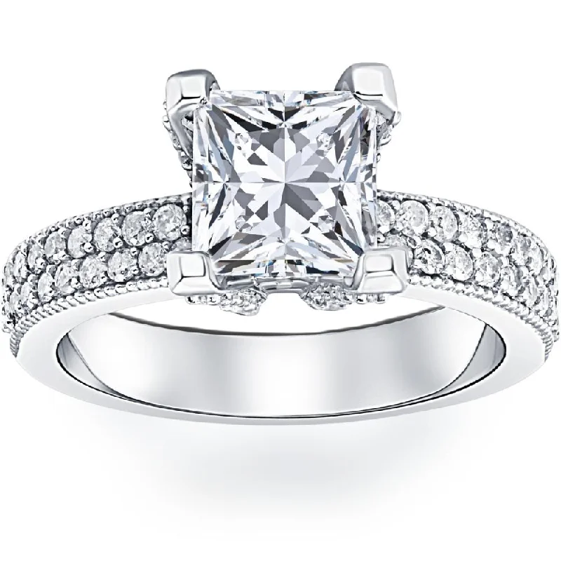 2 7/8ct Princess Cut Pave Diamond Engagement Ring 14K White Gold