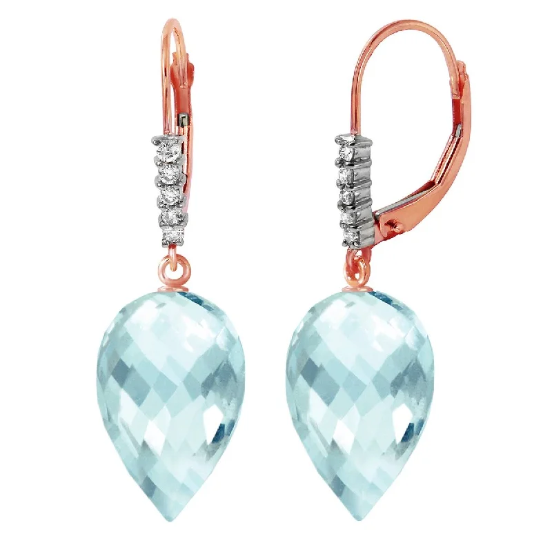 22.65 Carat 14K Solid Rose Gold Drop Briolette Blue Topaz Diamond Earrings