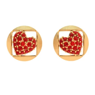 22k Red Stone Embossed Heart Themed Yellow Gold Earrings