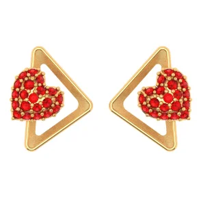 22k Red Stone Studded Triangular Heart Themed Yellow Gold Ear Stud