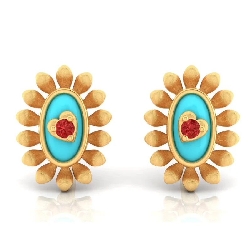 22k Sunflower Designed Gold Earrings With A Heart In The Center