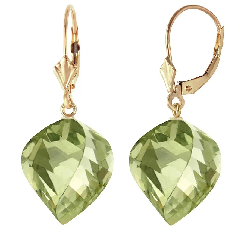 26 Carat 14K Solid Yellow Gold Leverback Earrings Twisted Briolette Green Amethyst