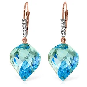 28 Carat 14K Solid Rose Gold Leverback Earrings Diamond Briolette Blue Topaz