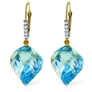 28 Carat 14K Solid Yellow Gold Leverback Earrings Diamond Briolette Blue Topaz