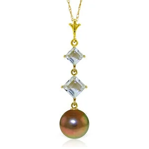 3.25 Carat 14K Solid Yellow Gold Poetry In Motion Aquamarine Pearl Necklace