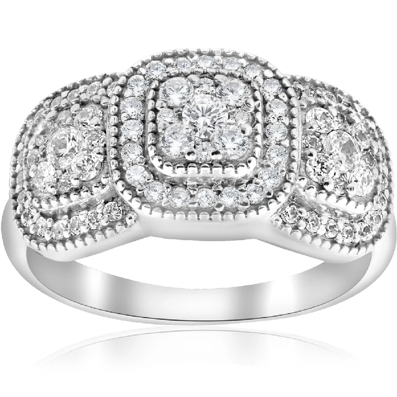 3/4ct 3-Stone Pave Cushion Halo Diamond Engagement Ring Vintage 10k White Gold