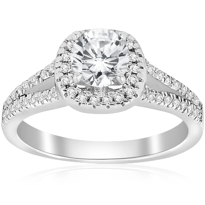 3/4ct Cushion Halo Diamond Engagement Ring Split Shank 14k White Gold