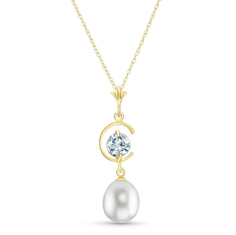 4.5 Carat 14K Solid Yellow Gold Necklace Natural Pearl Aquamarine