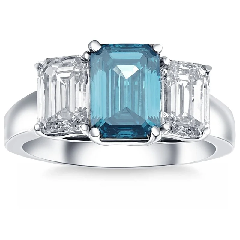 4.50Ct Blue & White Emerald Cut Engagement Ring White Gold Lab Grown