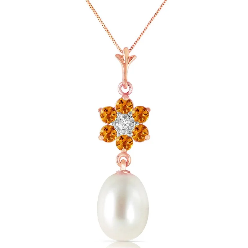 4.53 Carat 14K Solid Rose Gold Necklace Natural Pearl, Citrine Diamond