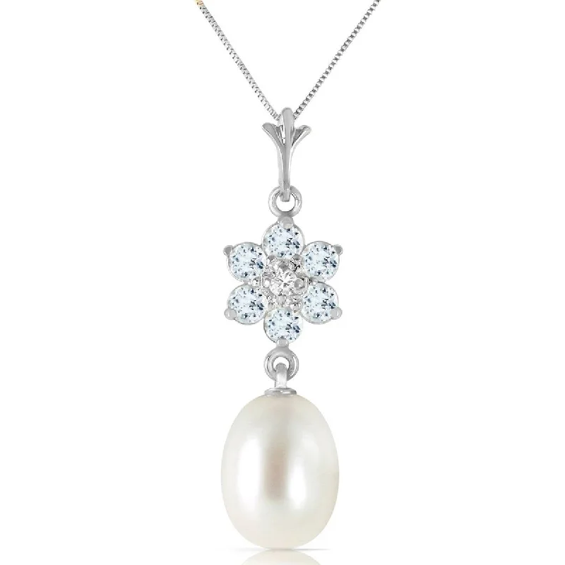 4.53 Carat 14K Solid White Gold Necklace Natural Pearl, Aquamarine Diamond