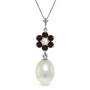 4.53 Carat 14K Solid White Gold Necklace Natural Pearl, Garnet Diamond