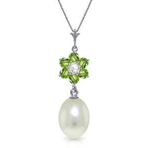 4.53 Carat 14K Solid White Gold Necklace Natural Pearl, Peridot Diamond