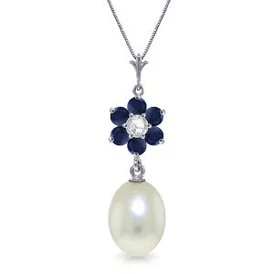 4.53 Carat 14K Solid White Gold Necklace Natural Pearl, Sapphire Diamond