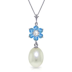 4.53 Carat 14K Solid White Gold Necklace Pearl, Blue Topaz Diamond