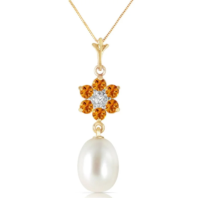 4.53 Carat 14K Solid Yellow Gold Necklace Natural Pearl, Citrine Diamond