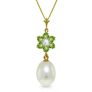 4.53 Carat 14K Solid Yellow Gold Necklace Natural Pearl, Peridot Diamond