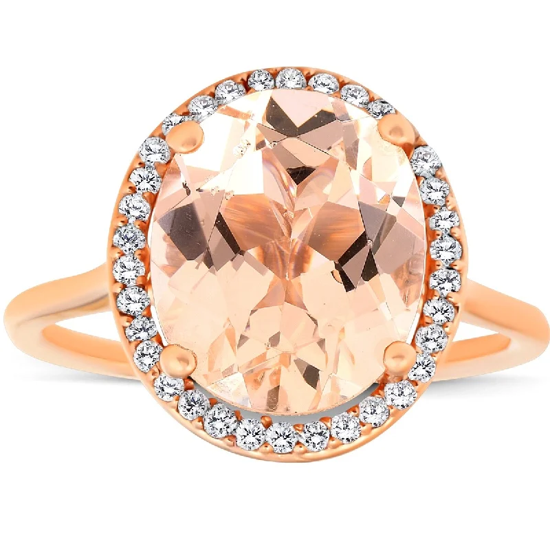 5 1/2 Ct TW Halo Diamond & Oval 10x12 Morganite Ring 14k Rose Gold