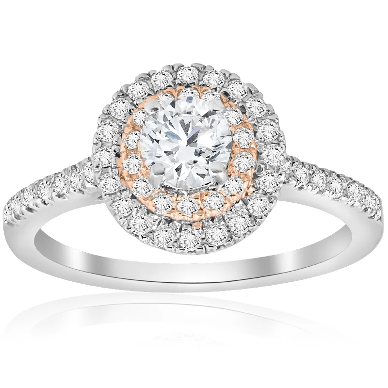 7/8 cttw Diamond Double Halo White & Rose Gold Engagement Ring 14k