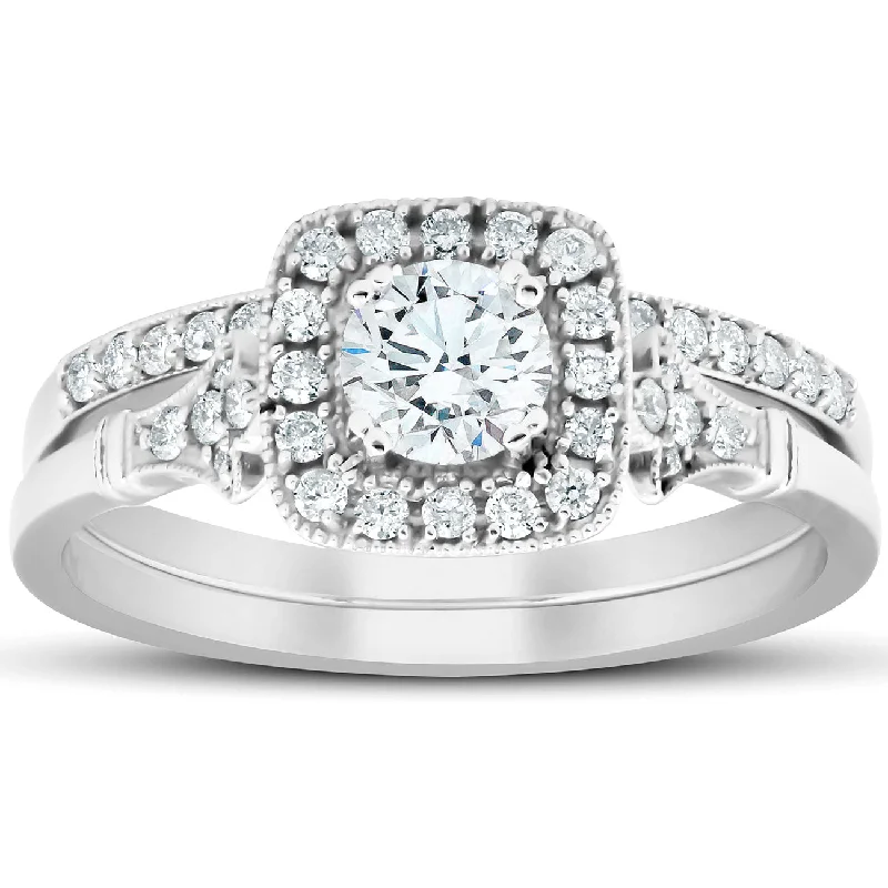 .75 Ct Cushion Halo Diamond Engagement Wedding Ring Set 14k White Gold Lab Grown