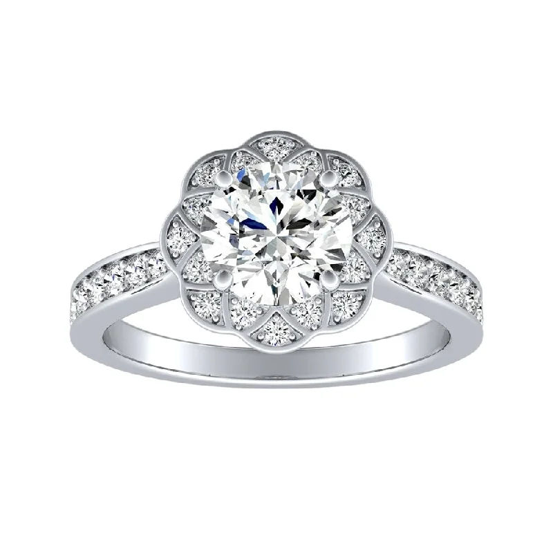 Auriya 14k Gold Vintage 3ct Round Moissanite and 1/3ctw Halo Diamond Engagement Ring