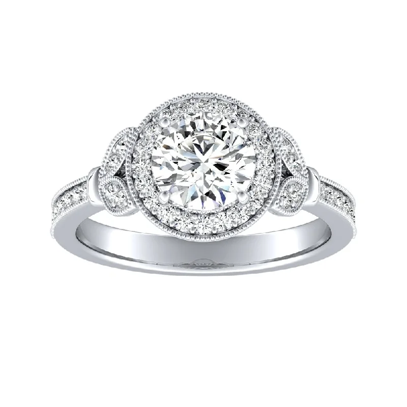 Auriya Vintage Floret 1 1/2ct Moissanite and 1/4ctw Halo Diamond Engagement Ring 14k Gold