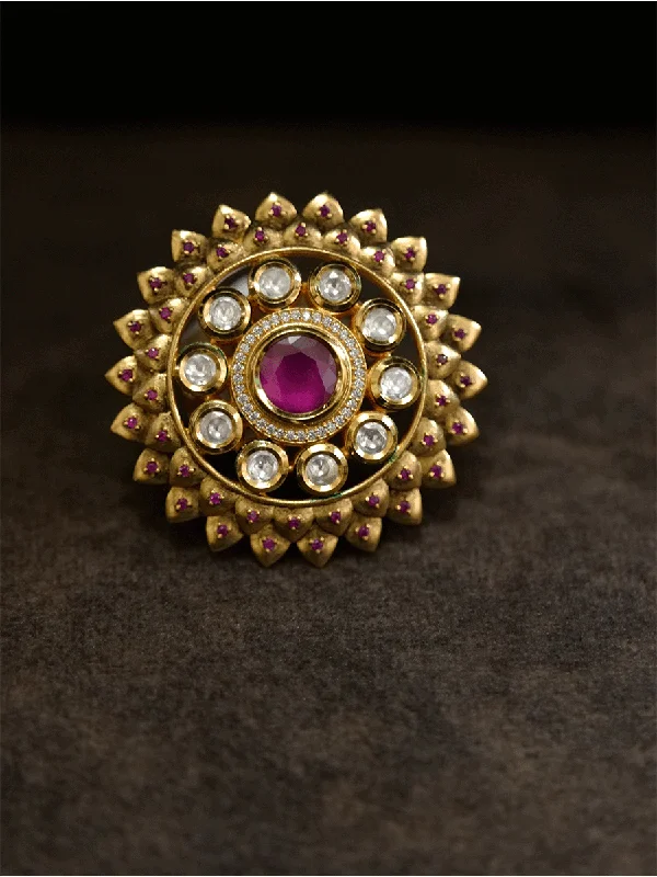 Bold ruby and kundan stone adjustable ring with zircons