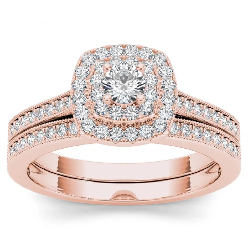 De Couer IGI Certified 14k Rose Gold 1/2ct TDW Diamond Double Halo Bridal Ring Set