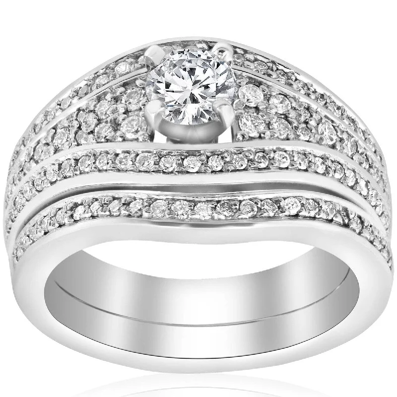 G/SI1 1ct Pave Genuine Diamond Engagement Ring Wedding Band Set Solid 14k WG