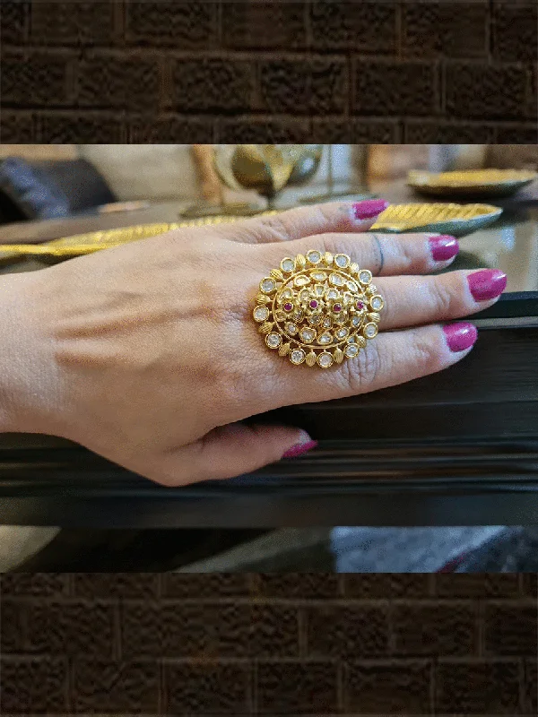 Golden flower with ruby stone center design openable kundan ring