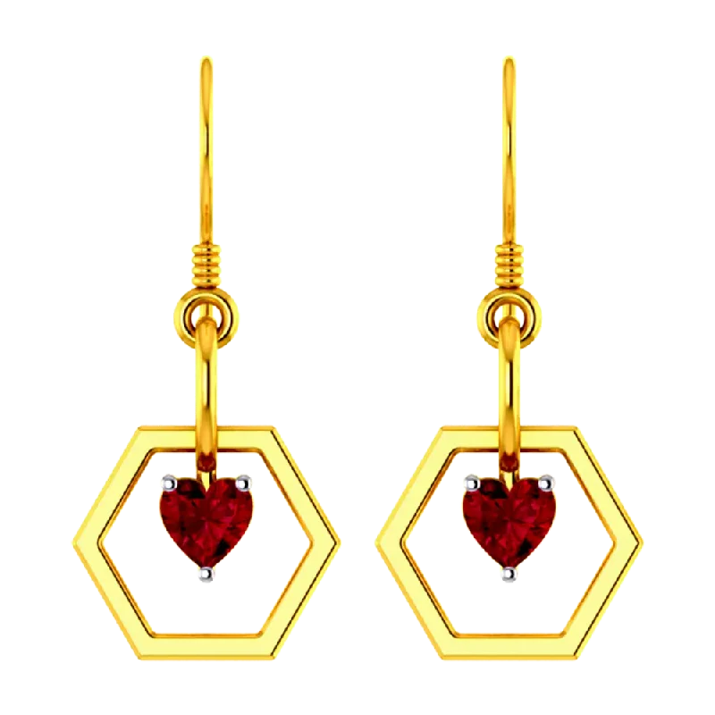 Hexagonal 18k Gold Earrings With American Diamond-studded Mini Heart Pendant