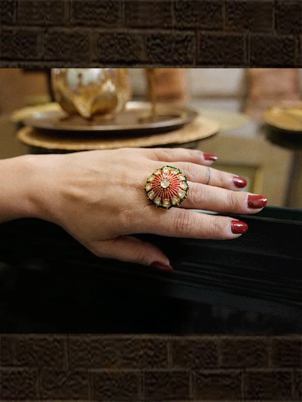 Kundan enamel work adjustable ring with coloured bead pirohi edge