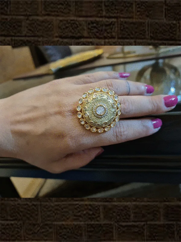 Kundan outline round adjustable ring with AD and enamel work