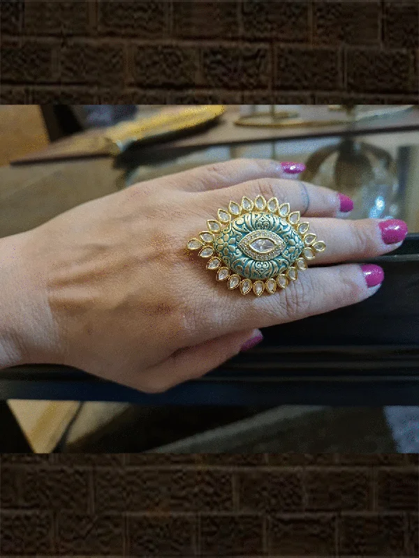 Leaf shaped adjustable kundan ring with AD and enamel work