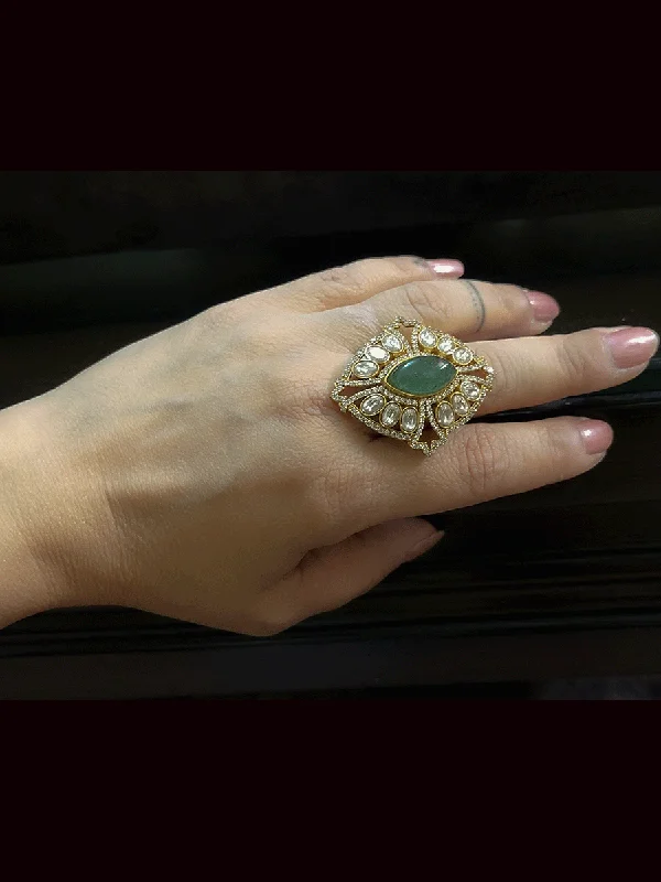 Leaf shaped stone kundan and AD openable gold finish ring