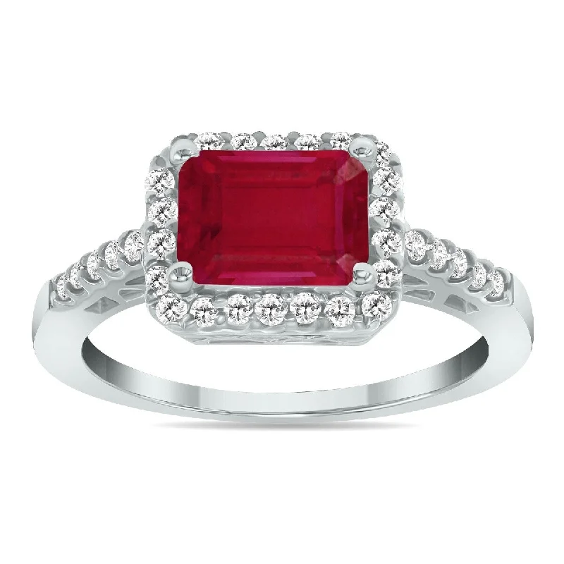 Marquee Jewels 2 1/2 Carat TW Emerald Cut Ruby Diamond Ring in 10K White Gold